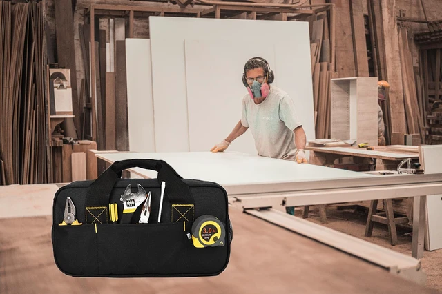 Alt view image 6 of 7 - Heavy Duty Tool Bag 14-Inch, Wide Mouth Tool Tote Bag, Waterproof Tool Organizer Bag, Electricians Repairman Tools Tote Bag (Black)