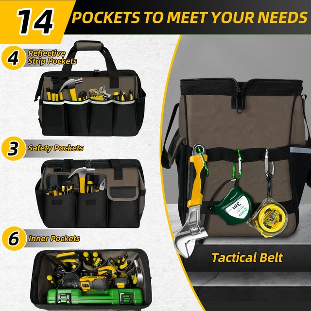 Alt view image 4 of 7 - Portable Tool Bag Heavy Duty Tool Box Organizer with Shoulder Strap, Coffee | Heavy-Duty Tool Tote With Wide Mouth Opening & Adjustable Shoulder Strap. Durable Storage Bag For Mechanics & Engineers.