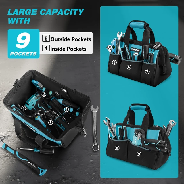 Alt view image 5 of 7 - 13" Small Tool Bag with 9 Pockets, Wide Open Tool Carrier | Thickened Fabric Construction, Multiple Storage Pockets, Tool Organization, Mechanics Electricians Plumbers HVAC Use