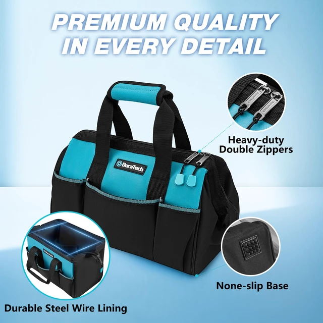 Alt view image 6 of 7 - 13" Small Tool Bag with 9 Pockets, Wide Open Tool Carrier | Thickened Fabric Construction, Multiple Storage Pockets, Tool Organization, Mechanics Electricians Plumbers HVAC Use