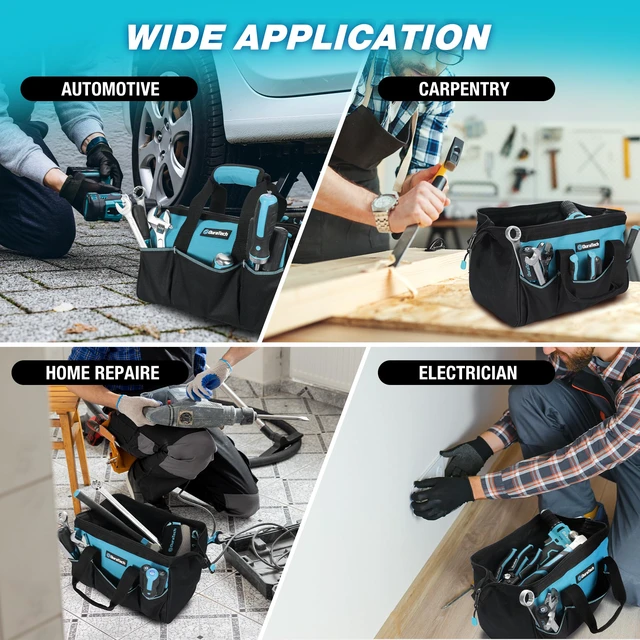 Alt view image 7 of 7 - 13" Small Tool Bag with 9 Pockets, Wide Open Tool Carrier | Thickened Fabric Construction, Multiple Storage Pockets, Tool Organization, Mechanics Electricians Plumbers HVAC Use