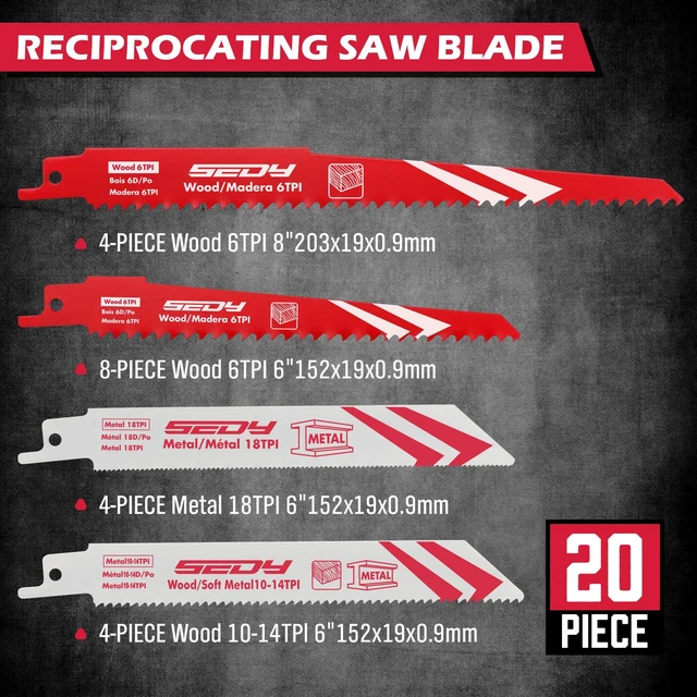 Alt view image 2 of 7 - 20-Piece Ultimate Reciprocating Saw Blade Set, Premium 6 & 8 Inch Wood and Metal Cutting Blades with Storage Box for Pruning, Wood, and Metal Cutting Tools