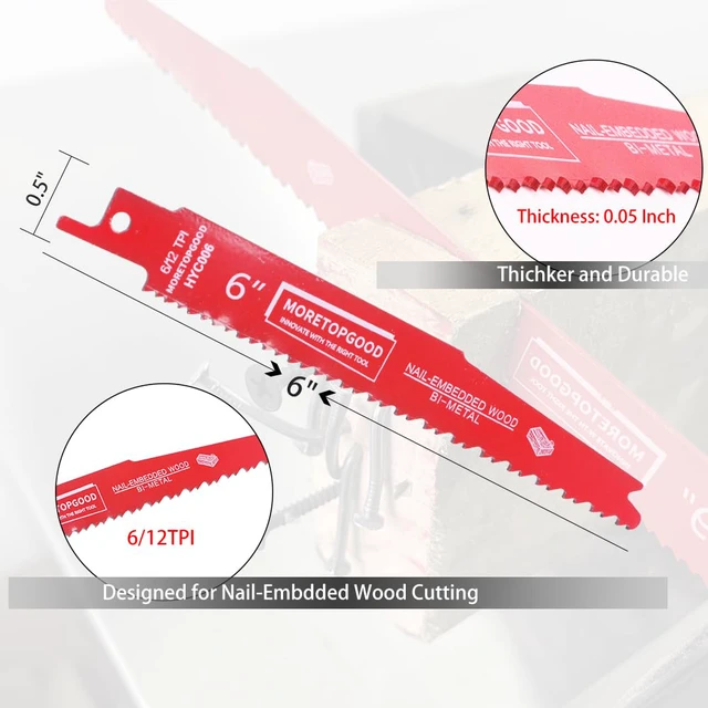 Alt view image 3 of 6 - 5 Pack 6 Inch 6/12 TPI Reciprocating Saw Blade for Nail-Embedded Wood Cutting, Bi-Metal Saw Blades for Pallet Cutting, Pruning, Garden Trimming