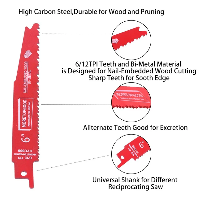 Alt view image 4 of 6 - 5 Pack 6 Inch 6/12 TPI Reciprocating Saw Blade for Nail-Embedded Wood Cutting, Bi-Metal Saw Blades for Pallet Cutting, Pruning, Garden Trimming