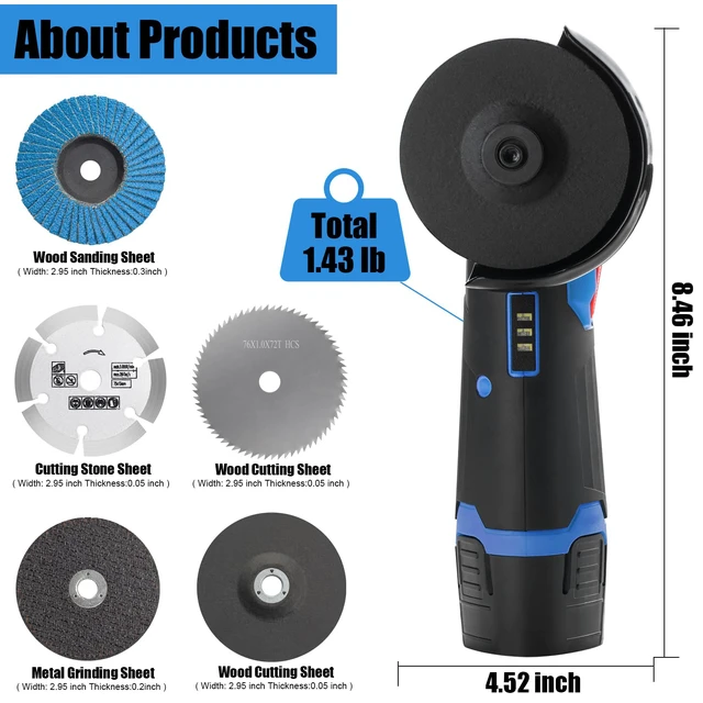 Alt view image 5 of 5 - 4000mah Battery Angle Grinder Tool, Cordless Angle Grinder with battery, Small Portable Angle Grinder, Cordless cut off tool,Brushless Handheld Angle Grinders Blue-black