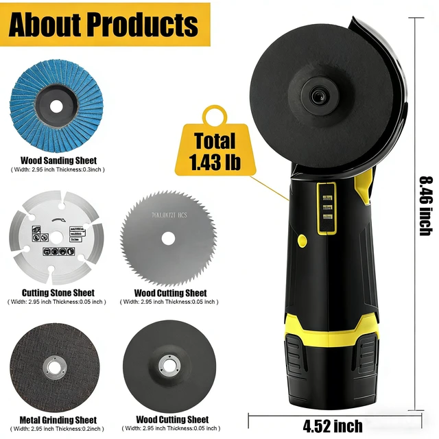 Alt view image 5 of 5 - 4000mah Battery Angle Grinder Tool, 19500RPM Cordless Angle Grinder with battery, Small Portable Angle Grinder, Cordless cut off tool,Brushless Handheld Angle Grinders