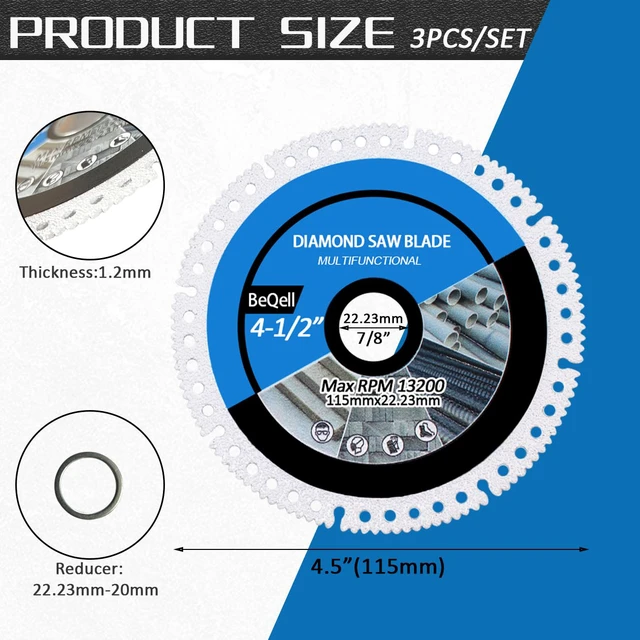 Alt view image 2 of 5 - 4.5" Diamond Multi-Purpose Saw Blades 3PCS,115mm Heavy Duty Angle Grinder Cutting Discs for Marble Quartz Stone Tile Metal Plastic