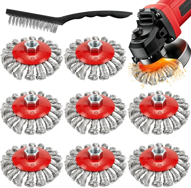 Main image of 9-Pack 4-1/2" Wire Wheel for Angle Grinder with 5/8 Thread Arbor | 4 Inch Knotted Twist Carbon Steel Wire Brush for Grinder, for Heavy-Duty Rust, Paint Removal, Metal Cleaning