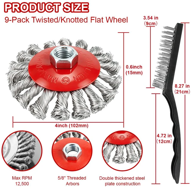 Alt view image 2 of 7 - 9-Pack 4-1/2" Wire Wheel for Angle Grinder with 5/8 Thread Arbor | 4 Inch Knotted Twist Carbon Steel Wire Brush for Grinder, for Heavy-Duty Rust, Paint Removal, Metal Cleaning