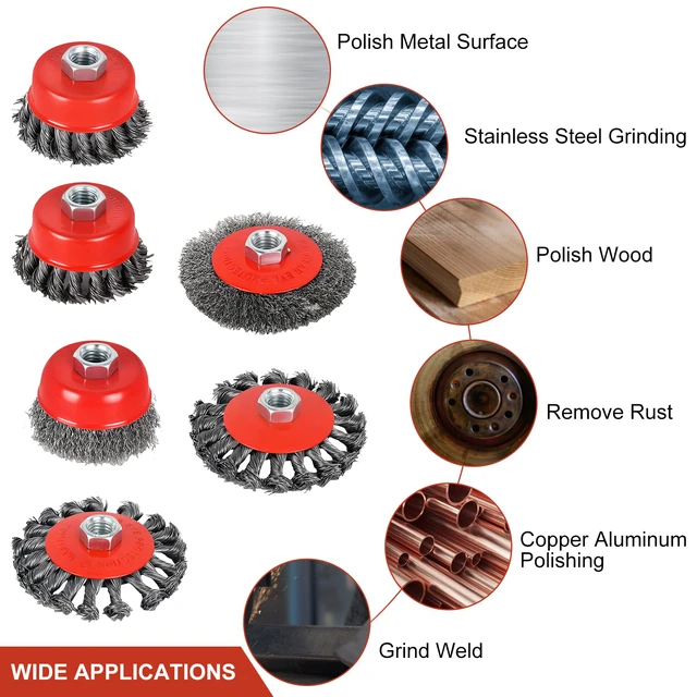 Alt view image 4 of 6 - 6-Piece, Angle Grinder Wire Wheel, 4 1/2" Angle Grinder Attachments, Wire Wheel, Wheel for Angle Grinder, 4 Inch & 3 Inch Knotted Coarse Crimped Wheels, 5/8 Inch-11 Threaded Arbor