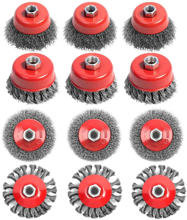 Main image of 12 Pack Wire Wheel for Angle Grinder, Twist Knotted Coarse Crimped Wheels, Carbon Steel Wire Cup Brush for 4-1/2" Angle Grinder with 5/8-11UNC Threaded Arbor for Heavy-Duty Rust Removal, Polishing