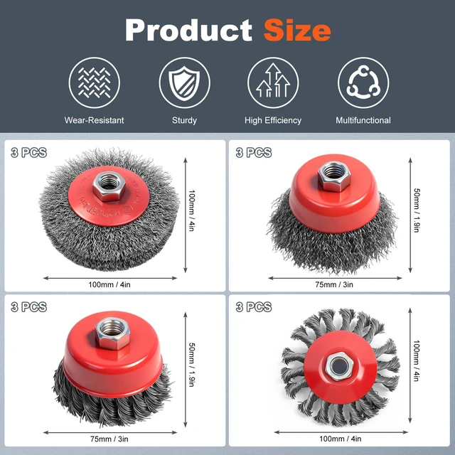 Alt view image 2 of 7 - 12 Pack Wire Wheel for Angle Grinder, Twist Knotted Coarse Crimped Wheels, Carbon Steel Wire Cup Brush for 4-1/2" Angle Grinder with 5/8-11UNC Threaded Arbor for Heavy-Duty Rust Removal, Polishing