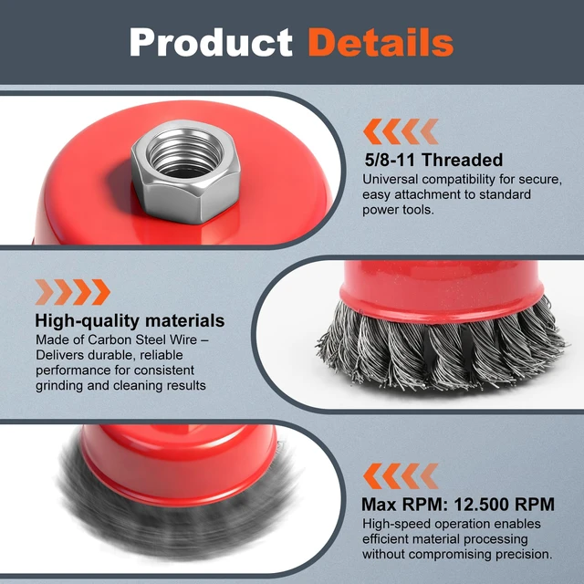 Alt view image 3 of 7 - 12 Pack Wire Wheel for Angle Grinder, Twist Knotted Coarse Crimped Wheels, Carbon Steel Wire Cup Brush for 4-1/2" Angle Grinder with 5/8-11UNC Threaded Arbor for Heavy-Duty Rust Removal, Polishing