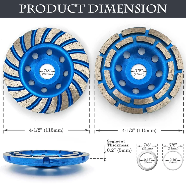 Alt view image 2 of 7 - 2Pcs Diamond Concrete Grinding Cup Wheels 115mm 4-1/2" Set (Double Row + Turbo Row Segment), Fits 7/8" Arbor for Angle Grinder, Shaping Cleaning Concrete Masonry Marble Granite Brick