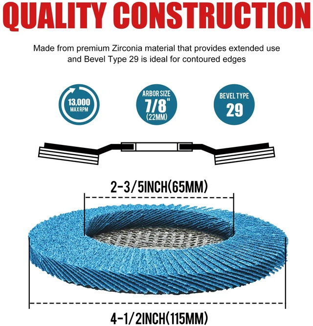 Alt view image 2 of 6 - Zirconia Flap Discs 40 Grit, 4-1/2 x 7/8-Inch, Type 29, 10-Pack | 40 Grit, Zirconia Abrasive, Type 29, for Stock Removal, Weld Grinding, Deburring, Sanding and Rust Removal