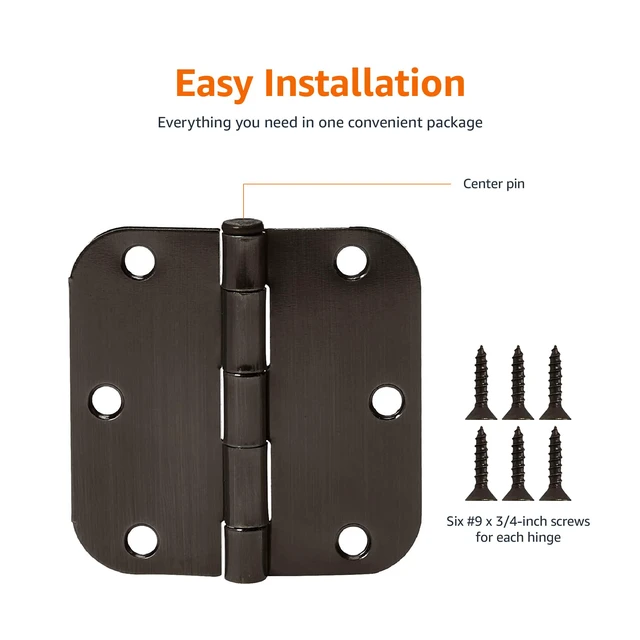 Alt view image 2 of 4 - Rounded 5/8 Radius Interior Door Hinges with Screws, 3.5" x 3.5", Oil Rubbed Bronze, 18-Pack