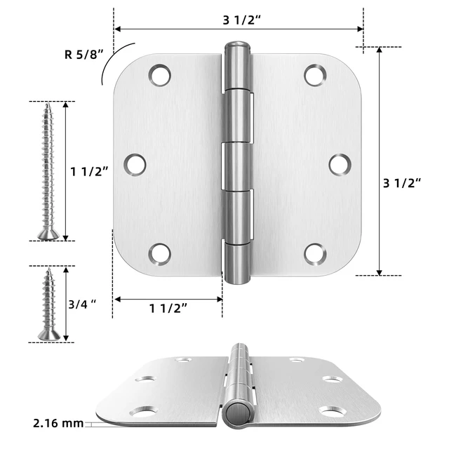 Alt view image 2 of 7 - 3 Pack Rounded Door Hinges Brushed Nickel 3.5 x 3.5 inch with 5/8 Radius Satin Nickel 3 1/2 Interior Door Hinges, Flat Iron Bifold Residential Standard 3 ½"x 3 ½" Silver Door Hardware