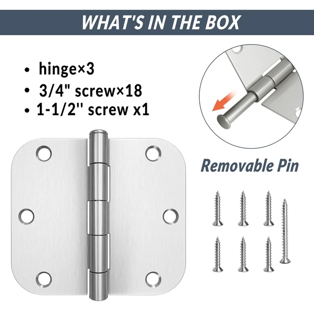 Alt view image 3 of 7 - 3 Pack Rounded Door Hinges Brushed Nickel 3.5 x 3.5 inch with 5/8 Radius Satin Nickel 3 1/2 Interior Door Hinges, Flat Iron Bifold Residential Standard 3 ½"x 3 ½" Silver Door Hardware