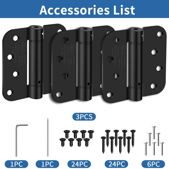 Alt view image 7 of 7 - 4 Inch Self Closing Door Hinges, 5/8" Radius Corners Spring Loaded Hings | Spring Hinges Self Closing for Garage, Front and Back Door, UL Listed, for Left and Right Hand Door, Matte Black, 3 Pack
