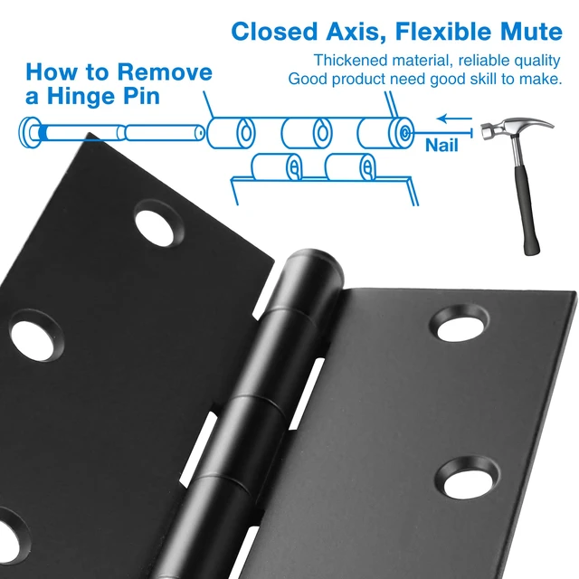 Alt view image 4 of 6 - 18 Pack Matte Black Door Hinges 3.5 x 3.5 Inch with Square Corners | Interior Heavy-Duty Black Door Hinges with Removable Pin, Standard Hardware for Bedroom, Office, and Garage