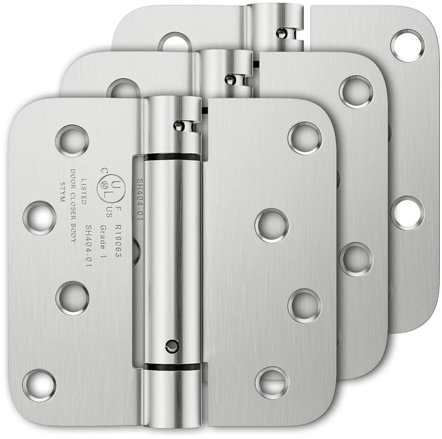 Main image of 3 Pack Self Closing Door Hinges, 4 Inch, Adjustable Tension | Spring Loaded Door Hinges for Garage/Front/Back Doors, 5/8'' Radius Corners, Fit Left/Right Hand Doors, UL Listed