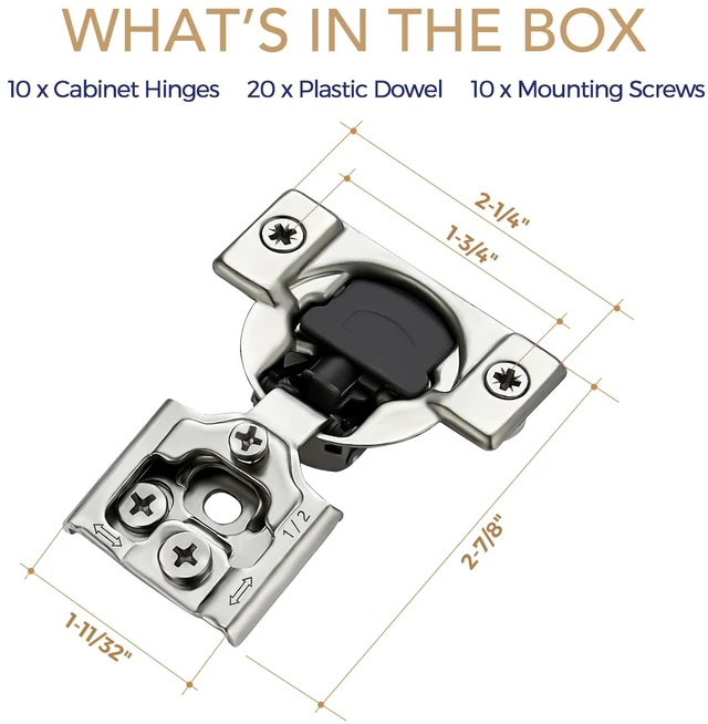 Alt view image 7 of 7 - Soft Close Hinges for Kitchen Cabinet Hinges, 1/2 Inch Overlay, 10 Pack | 5 Pairs, self Closing Motion, Concealed Cabinet Fit, Stainless Steel, Satin Nickel, Hidden Hinges, for Face Frame Door