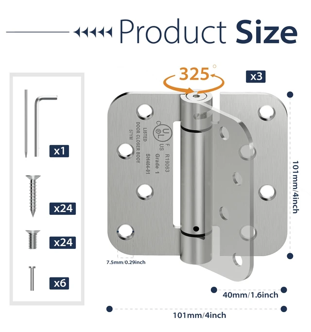 Alt view image 2 of 7 - 3-Pack 4 Inch Self Closing Door Hinges,5/8" Radius Corners,Brushed Nickel | Auto Spring Loaded Door Hinges, Adjustable Tension for Exterior,Garage, Front Back Door,Left Right Hand Door,UL Listed