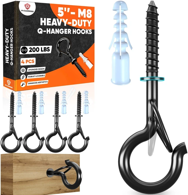 Main image of 250Lbs 5 M8 Q-Hanger Hook with Safety Buckle & Washer, 4Pcs | Black Windproof Screw Hooks for Hanging Plant with Expansion Tubes, Screwdriver, Hanging Outdoor String Light Christmas Patio