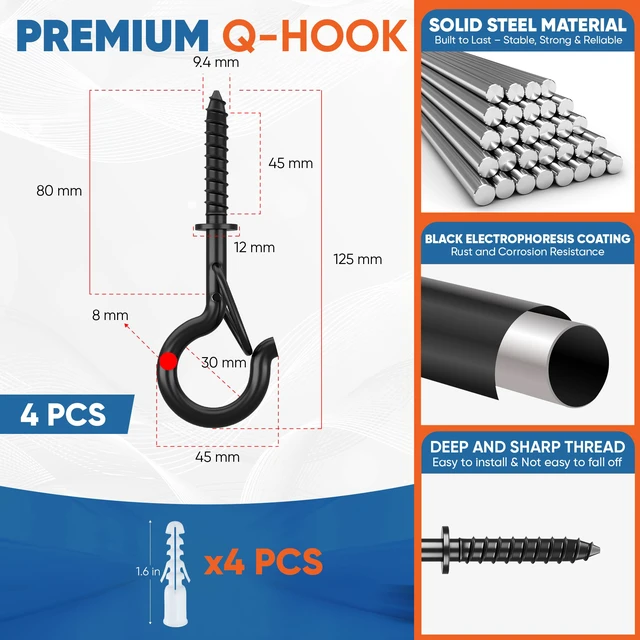 Alt view image 6 of 7 - 250Lbs 5 M8 Q-Hanger Hook with Safety Buckle & Washer, 4Pcs | Black Windproof Screw Hooks for Hanging Plant with Expansion Tubes, Screwdriver, Hanging Outdoor String Light Christmas Patio