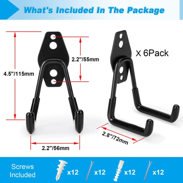 Alt view image 2 of 7 - 6 Pack Garage Hooks Heavy Duty - Supports 100 lbs | Utility Steel Garage Hanger & Organizer for Organizing Garden Lawn Tools, Ladders, Garden Hose, Digging Shovel, Bikes, Ropes