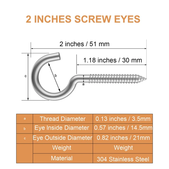 Alt view image 2 of 6 - 20pc 304 Stainless Steel Heavy Duty Screw Hooks, 2" Eye Bolts, Indoor/Outdoor, Wall, Wood, PVC