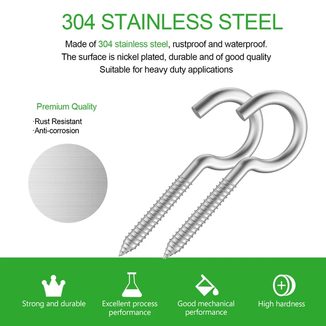 Alt view image 4 of 6 - 20pc 304 Stainless Steel Heavy Duty Screw Hooks, 2" Eye Bolts, Indoor/Outdoor, Wall, Wood, PVC
