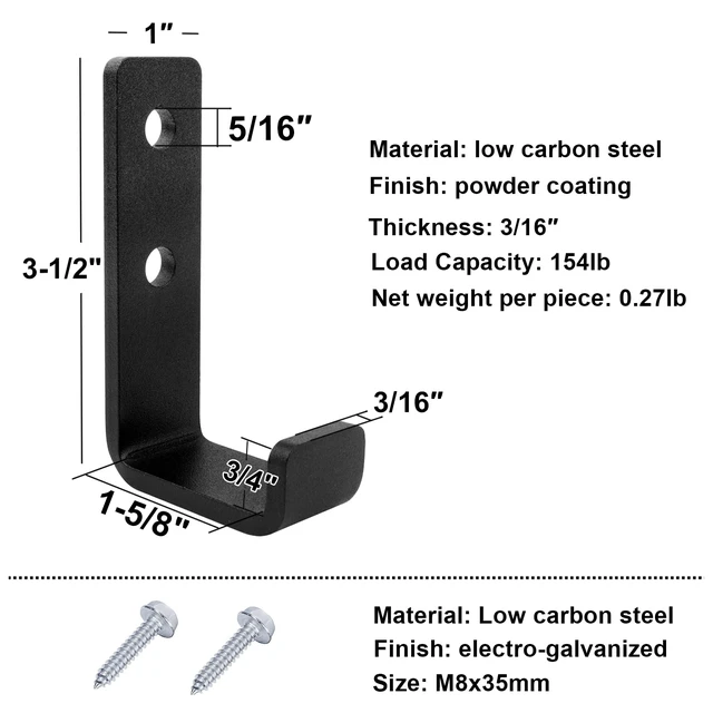 Alt view image 3 of 3 - 4 Pack 1-5/8" Heavy Duty Steel J Hook, Wall Mount Garage Hanging Bracket | 154 lbs Capacity
