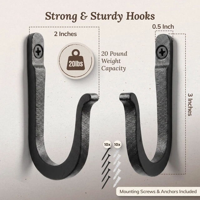 Alt view image 3 of 7 - Railroad Spike Cast Iron Hooks (10 Pack) Handmade Blacksmith, Wall Mounted Farmhouse Decorative Hooks, PowderCoated for Interior or Exterior Use, Rust Proof for Hanging Coats, Bags or Pots (Black)