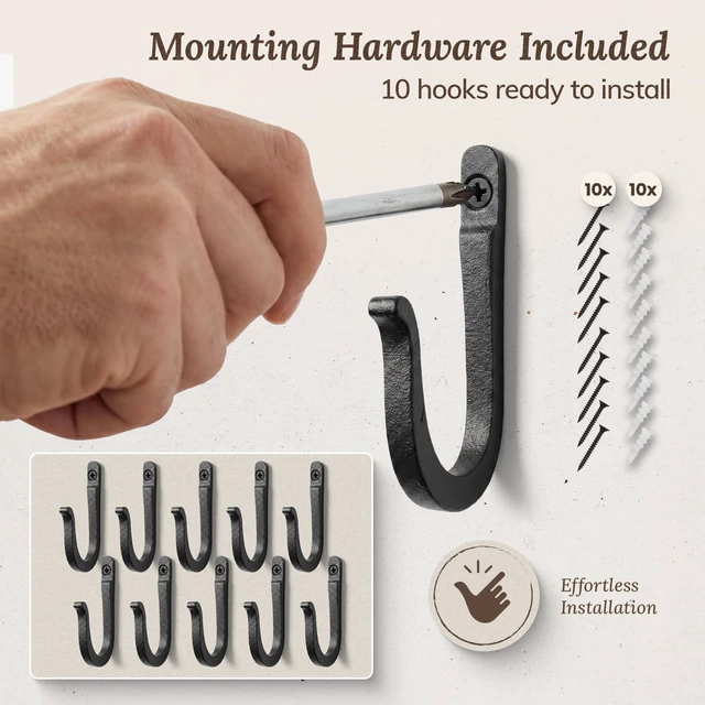 Alt view image 7 of 7 - Railroad Spike Cast Iron Hooks (10 Pack) Handmade Blacksmith, Wall Mounted Farmhouse Decorative Hooks, PowderCoated for Interior or Exterior Use, Rust Proof for Hanging Coats, Bags or Pots (Black)
