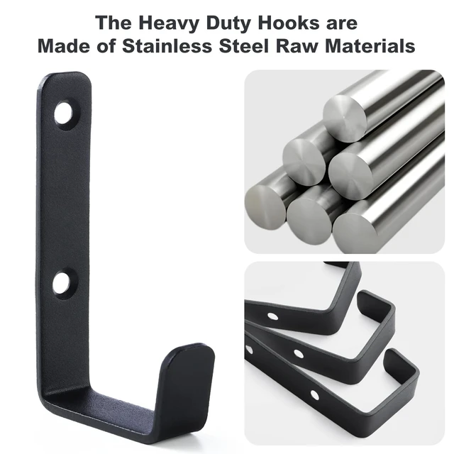 Alt view image 4 of 7 - Heavy Duty Hooks, Stainless Steel Hooks for Hanging, Wall Mount Hook, Coat Hook, Wall Hooks Towel Hook Garage Holder Screw Hanger, Utility Hooks, 6 Pack (Black)