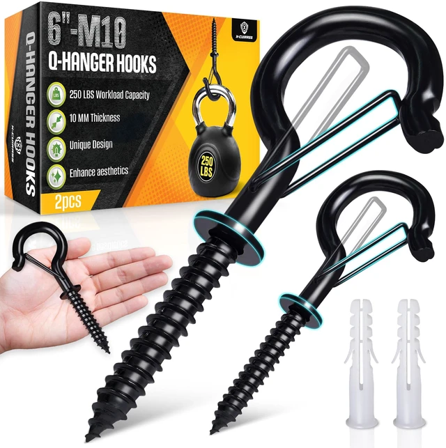 Main image of 250Lbs 6 M10 Q-Hanger Hook with Safety Buckle & Washer, 2Pcs | Black Windproof Screw Hooks for Hanging Plant with Expansion Tubes, Screwdriver, Hanging Outdoor String Light Christmas Patio
