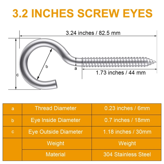Alt view image 2 of 7 - 3.2 Inches 304 Stainless Steel Screw Eyes 6 Pack,Heavy Duty Screw in Hooks for Hammock Stand, Indoor Ceiling&Outdoor