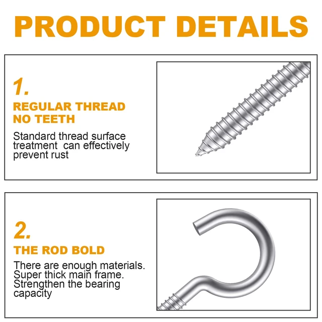 Alt view image 4 of 7 - 3.2 Inches 304 Stainless Steel Screw Eyes 6 Pack,Heavy Duty Screw in Hooks for Hammock Stand, Indoor Ceiling&Outdoor