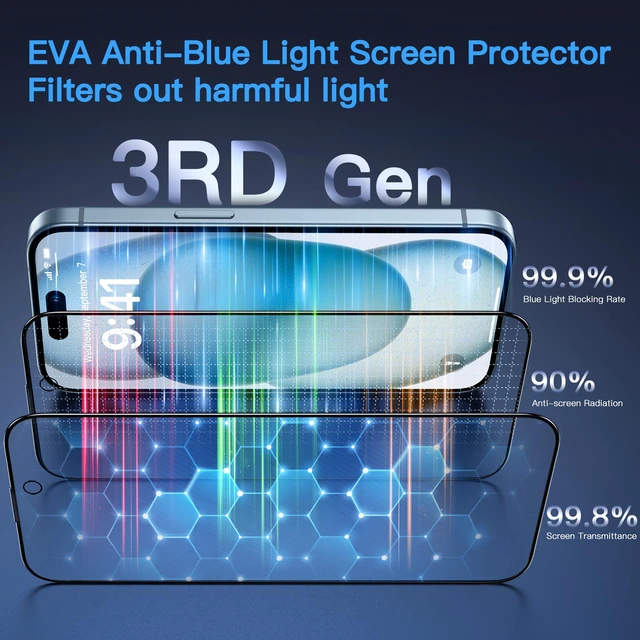 Alt view image 2 of 7 - Anti-Blue Light for iPhone 15 Screen Protector | Unbreak-Glass Full Coverage Case Friendly Scratch Resistance 9H Tempered Glass Screen Protector for iPhone 15, 2 Pack
