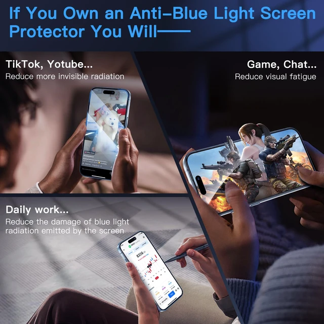 Alt view image 3 of 7 - Anti-Blue Light for iPhone 15 Screen Protector | Unbreak-Glass Full Coverage Case Friendly Scratch Resistance 9H Tempered Glass Screen Protector for iPhone 15, 2 Pack