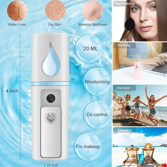 Alt view image 2 of 6 - Nano Facial Mister Portable Mist Sprayer with Mirror Mini Cool Mist Spray for Skin Care & Facial Body Moisturized & Eyelash Extensions, USB Rechargeable (White)