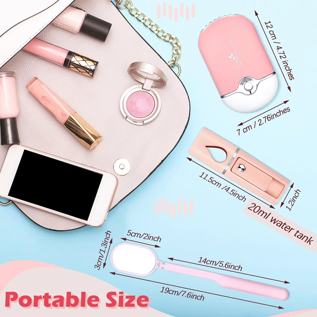 Alt view image 7 of 7 - 3 Pcs Nano Mister Fan for Lash Extensions Set, Heart Style, Pink | Mini USB Dryer, Handheld Mirror for Eyelash Checks, Portable Facial Steamer with 20 ml Tank, Extension Professional Tools