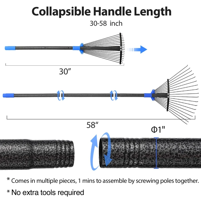 Alt view image 2 of 7 - Adjustable Metal Leaf Rake Long Handle, Garden Rakes for Lawns Heavy Duty Leaves with Expandable Head 8-17", Yard Women Kids Rake for Gardening RV Camping