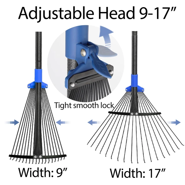 Alt view image 3 of 7 - Adjustable Metal Leaf Rake Long Handle, Garden Rakes for Lawns Heavy Duty Leaves with Expandable Head 8-17", Yard Women Kids Rake for Gardening RV Camping