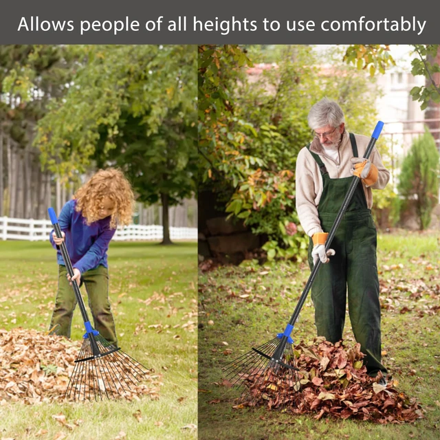 Alt view image 6 of 7 - Adjustable Metal Leaf Rake Long Handle, Garden Rakes for Lawns Heavy Duty Leaves with Expandable Head 8-17", Yard Women Kids Rake for Gardening RV Camping