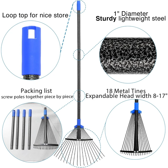 Alt view image 7 of 7 - Adjustable Metal Leaf Rake Long Handle, Garden Rakes for Lawns Heavy Duty Leaves with Expandable Head 8-17", Yard Women Kids Rake for Gardening RV Camping