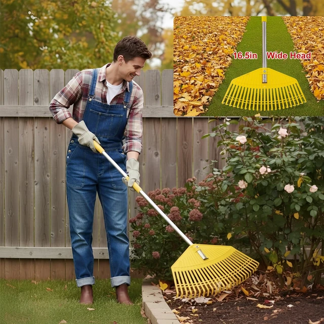 Alt view image 2 of 6 - Lightweight Leaf Rake for Lawns - Anti-Break Nylon Plastic Head,Easy Yard & Garden Rake for Women,Seniors,Kids, 16.5" Wide for Leaves, Grass,Pine Needles,Gardening,Adjustable 3565" Long Handle