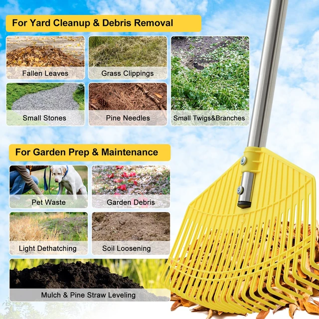 Alt view image 3 of 6 - Lightweight Leaf Rake for Lawns - Anti-Break Nylon Plastic Head,Easy Yard & Garden Rake for Women,Seniors,Kids, 16.5" Wide for Leaves, Grass,Pine Needles,Gardening,Adjustable 3565" Long Handle
