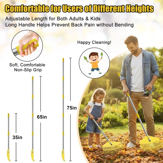 Alt view image 4 of 6 - Lightweight Leaf Rake for Lawns - Anti-Break Nylon Plastic Head,Easy Yard & Garden Rake for Women,Seniors,Kids, 16.5" Wide for Leaves, Grass,Pine Needles,Gardening,Adjustable 3565" Long Handle